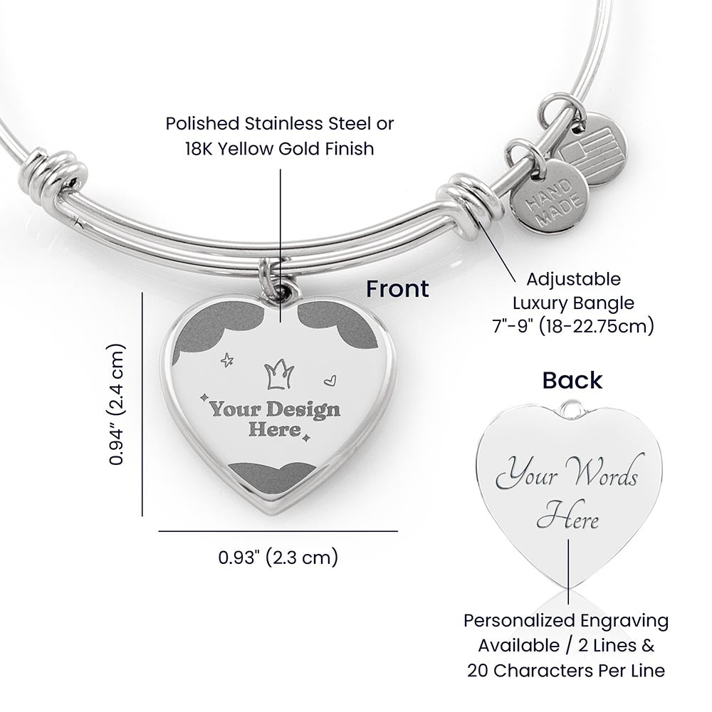 Full bangle shown with dimensions: adjustable 7 to 9 inches, heart pendant just under an inch, two engraved lines of up to 20 characters