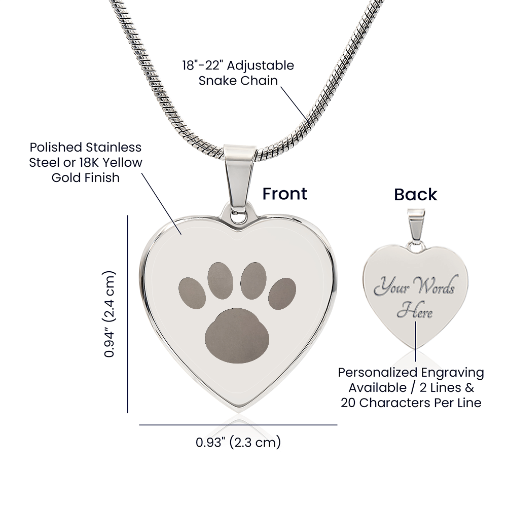 Measurements: heart pendant 0.94 by 0.93 inches on an adjustable 18 to 22 inch snake chain, two engraved lines of up to 20 characters
