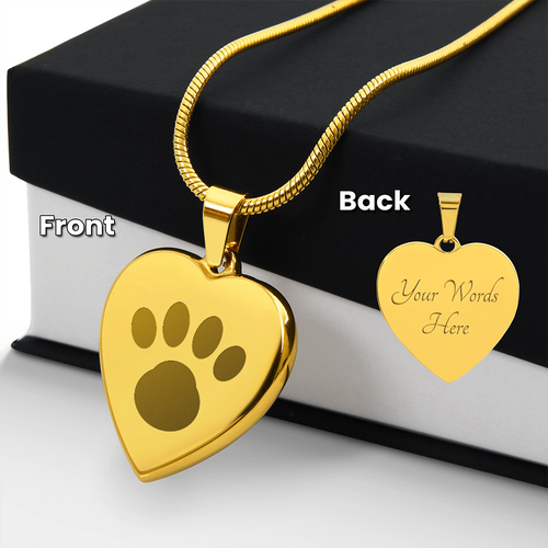 18k gold finish heart pendant on a snake chain, paw print on the front and engraving on the back