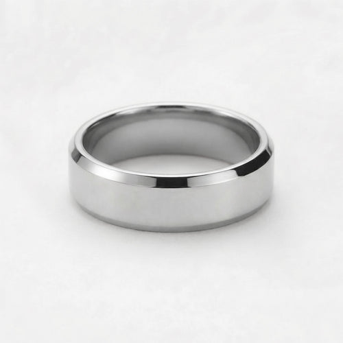 Polished stainless steel engraved band, brushed finish with bevelled edges