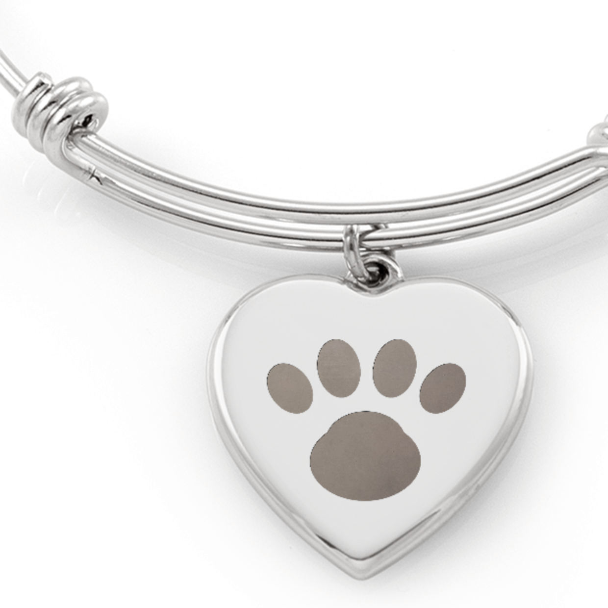 Paw print engraved on a polished steel heart, hanging from an adjustable bangle