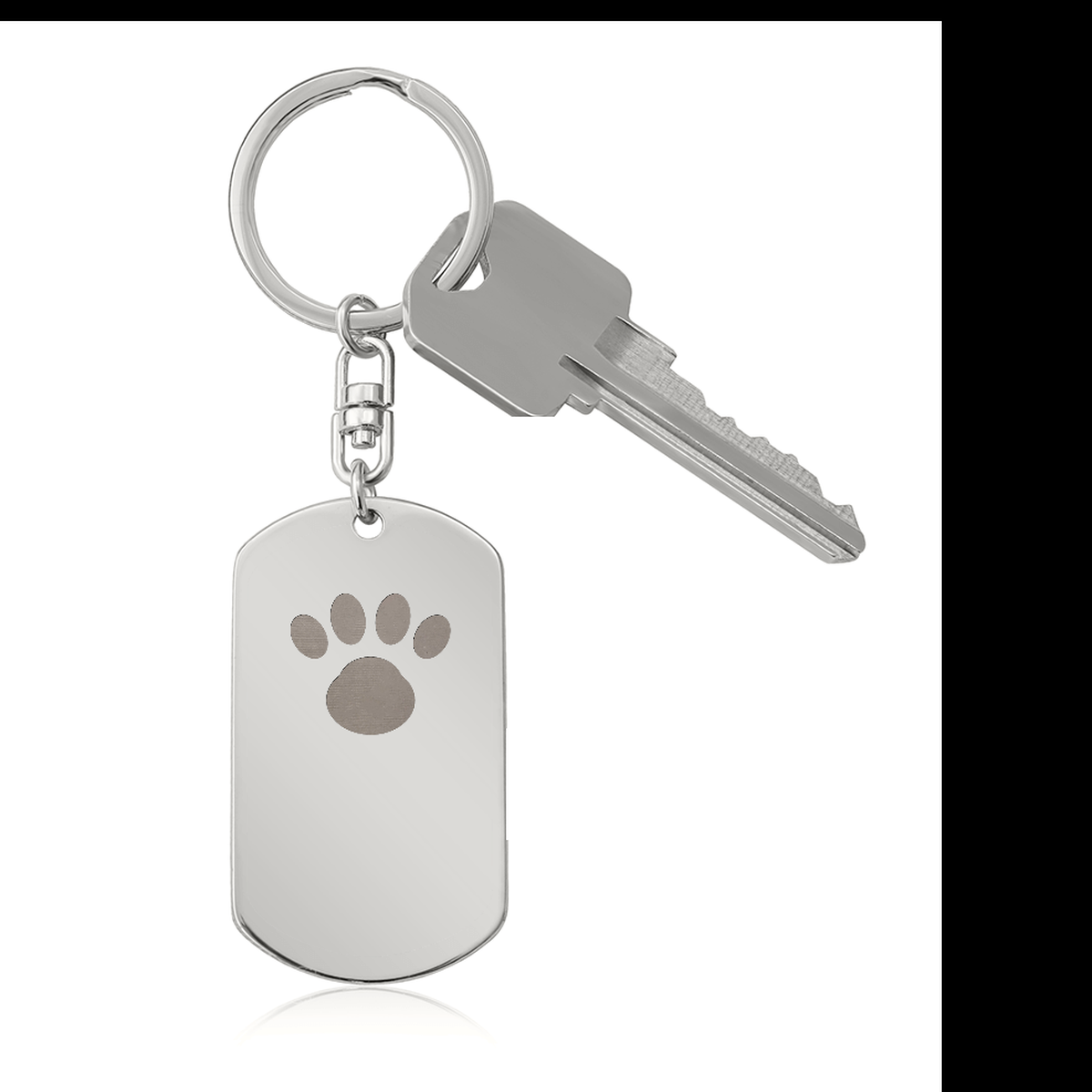 Polished stainless steel dog tag keyring with an engraved paw print, shown with a key